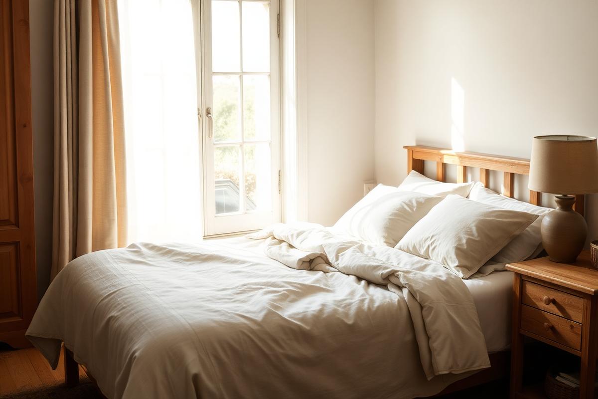 Sunlit linen bed in a coastal cottage bedroom