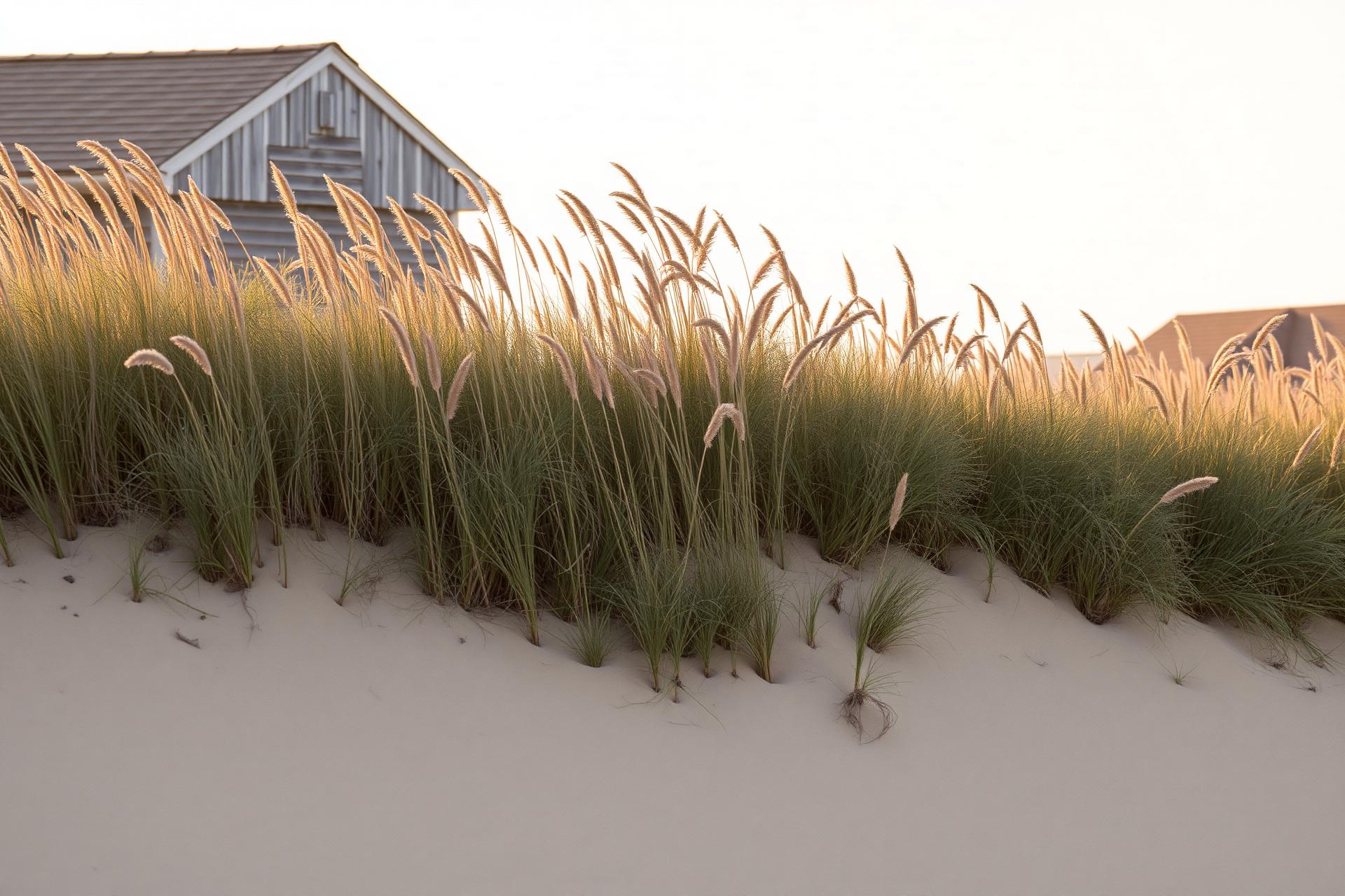 Dune grass swaying beside weathered cedar at golden hour on the New Jersey shore