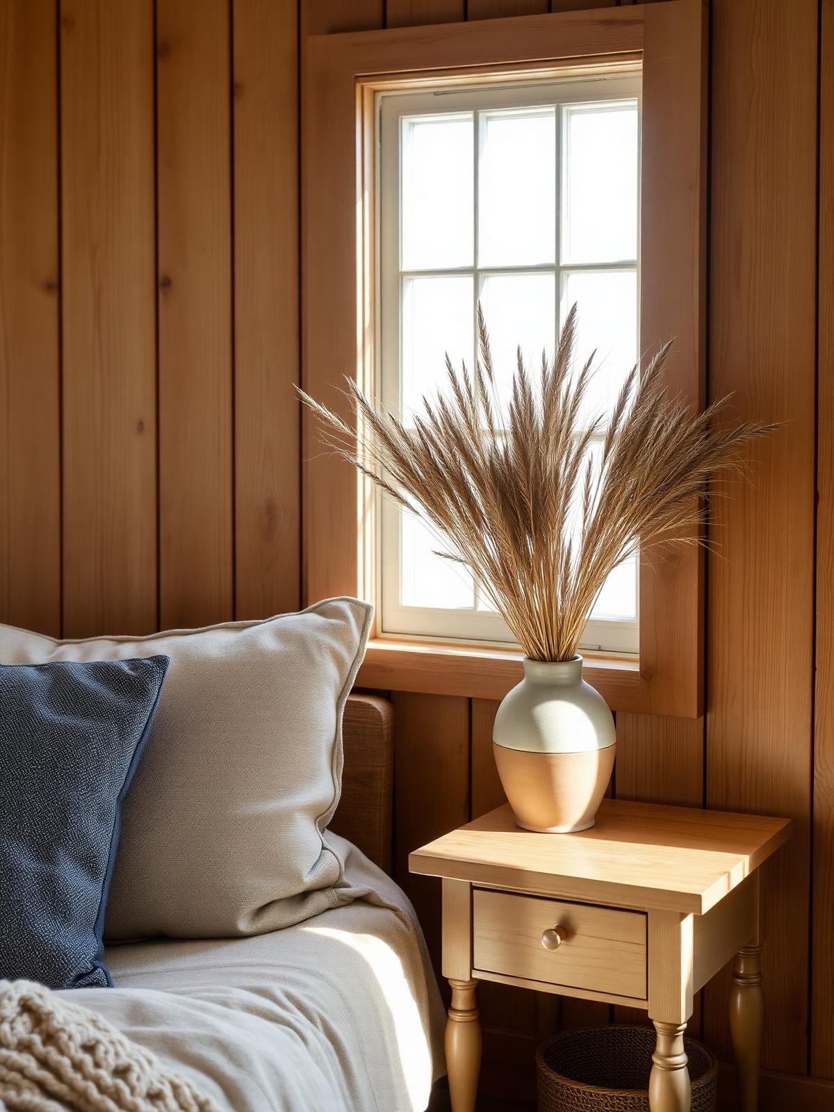 Sunlit interior of a cedar-clad coastal cottage with linen, oak, and dune grass